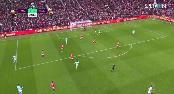 Manchester United vs Man City Holland's first shot is blocked by two people. Shaking. Shaking.