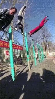 It's her first time doing chin-ups. A married woman in her 40s who's been working out for 4 years