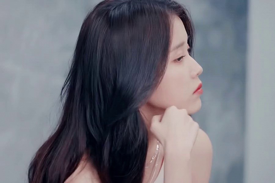 Sexy singer IU with flowing black straight hair