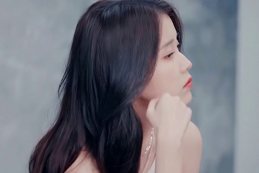 Sexy singer IU with flowing black straight hair