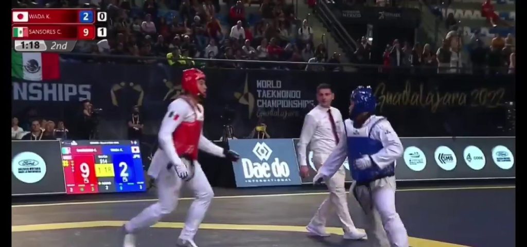 (SOUND)A Japanese athlete encounters an unexpected situation during a Taekwondo match.